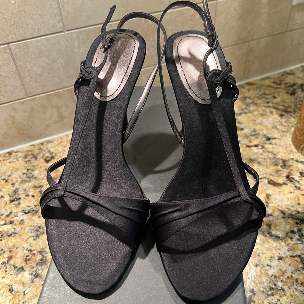 New in box black satin evening sandal